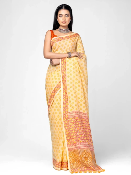 Beige Printed Cotton Saree
